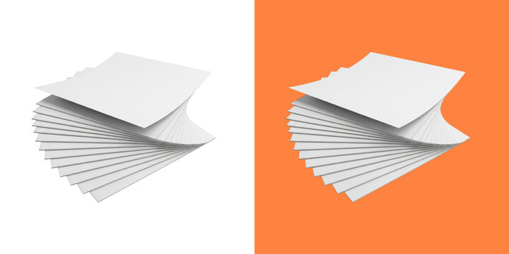 Stack of white paper sheets with a top page showing a black sketched pattern design on a split plain and orange background