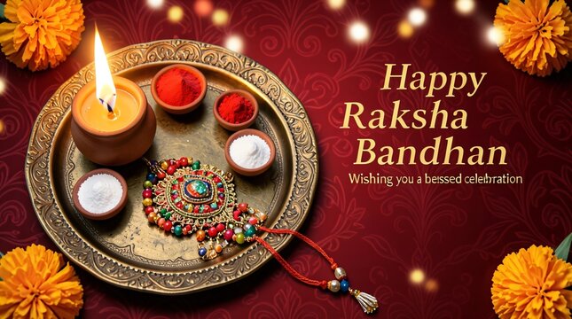 Happy Raksha Bandhan Greeting with Rakhi, Puja Thali and Traditional Indian Festival Decoration