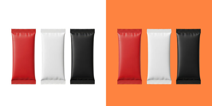 Three blank chocolate bar wrappers in red white and black colors for food product branding and packaging design mockup