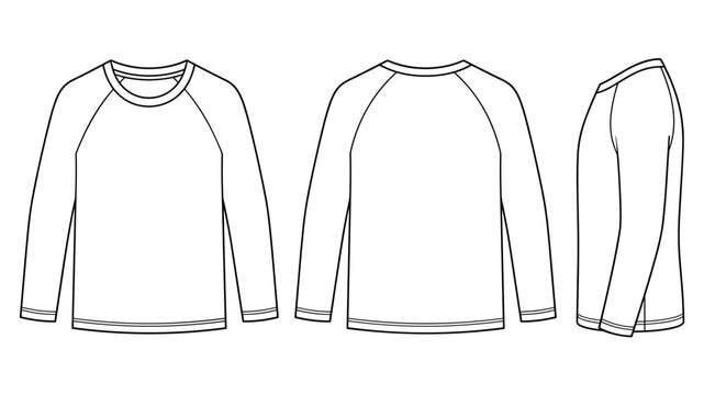Raglan longsleeve t-shirt illustration (blank / technical drawing) with front, back, and side views for fashion design template