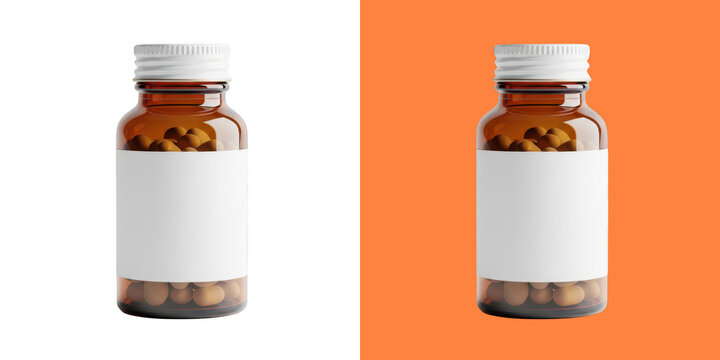Small brown glass medicine bottle with a blank white label for pills and capsules branding mockup on orange and white background