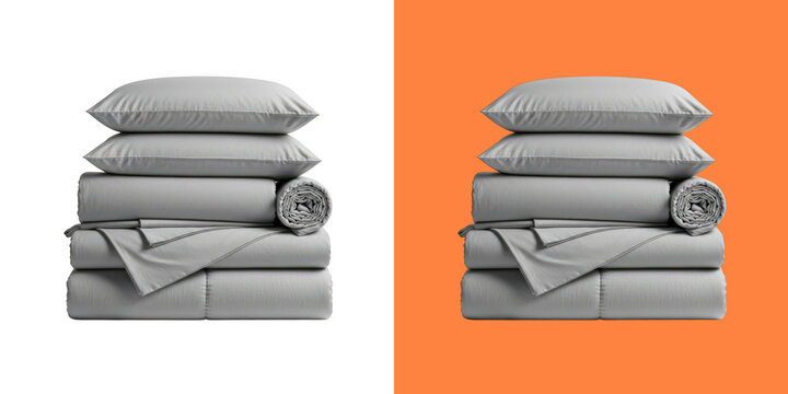 Stack of soft grey bed pillows and folded bedding linens for comfortable sleep and bedroom interior design accessories set