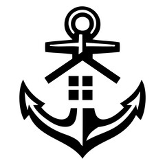 Naklejka premium Logo Nautical. Símbolo de embarcadero. Icono con dibujo sencillo de un ancla de barco con el tejado y ventanas de una construcción 