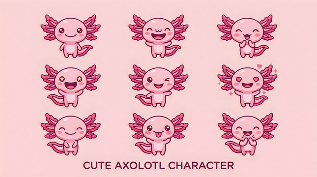 Set of cute pink axolotl characters with different facial expressions and funny poses