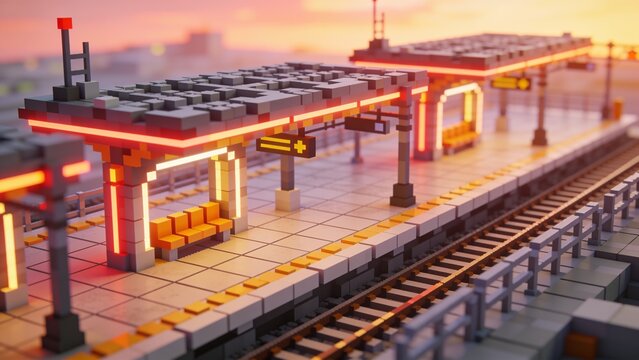 Isometric voxel block train station platform, neon lights, sunset glow.