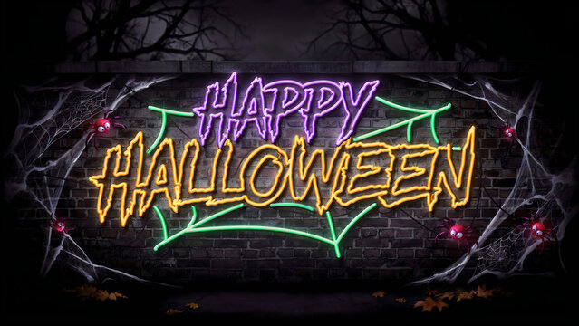 Happy Halloween neon sign on brick wall. Glowing holiday text with spider web decorations.