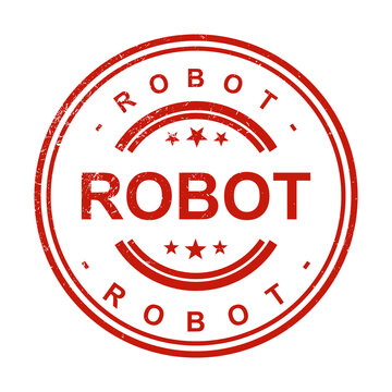 Red round rubber stamp with the word robot written in the center for industrial labeling and authentic product marking in a simple vintage style design for technology and engineering