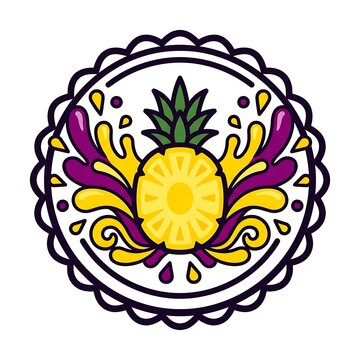 Vibrant Pineapple Emblem with Splashing Juice and Decorative Border