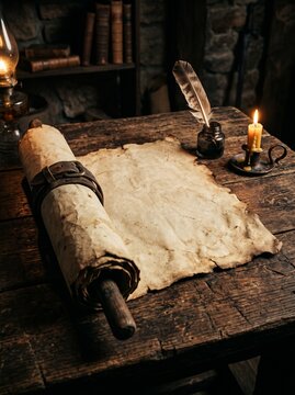 Ancient Scroll and Quill Pen on Rustic Wooden Table with Warm Candle and Lamp Light, Evoking Historical Writing and Storytelling