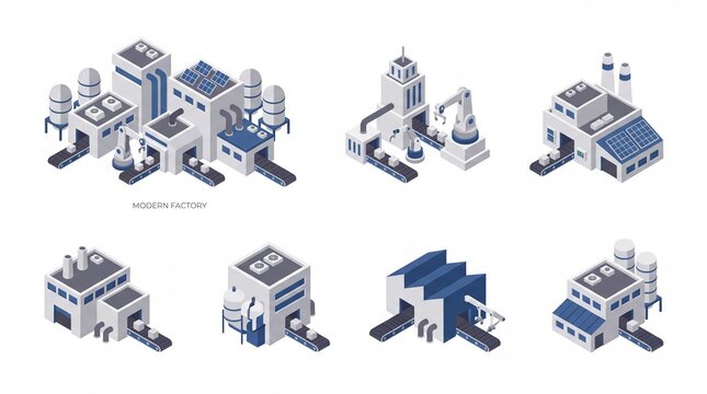 Collection of modern isometric factory buildings illustrating advanced manufacturing processes, smart industry, and automation technology with robotic systems and sustainable energy solutions