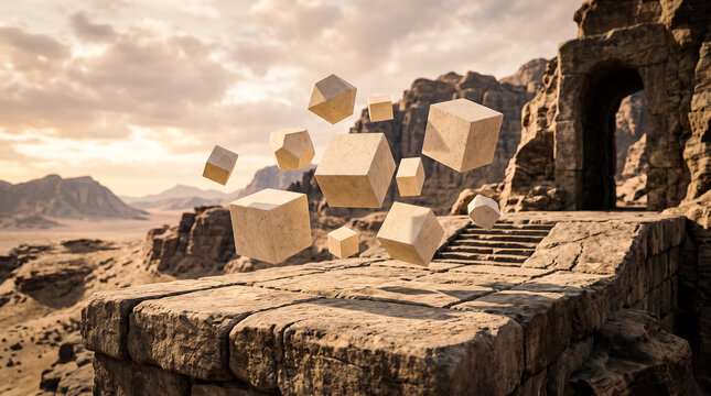 Floating Stone Polyhedrons Hovering Over An Ancient Desert Ruins Walkway Leading To Archway