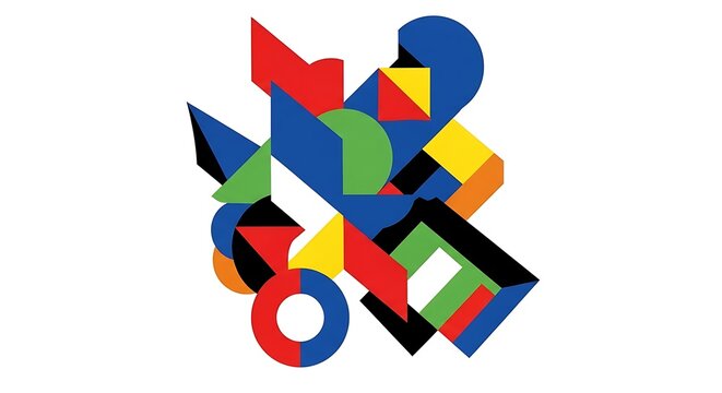 Colorful 3D geometric puzzle blocks arrangement.