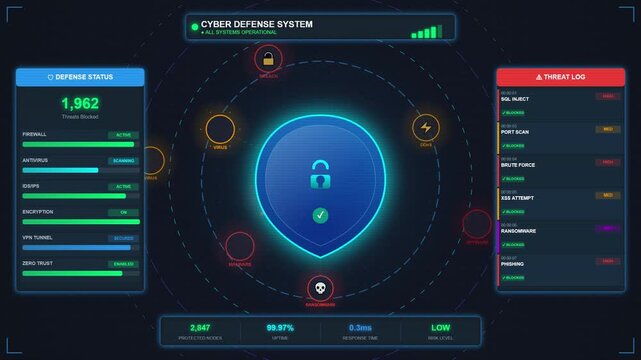 Cyber Security Shield Protection Animation features a glowing shield icon positioned at the center while multiple cyber threats and digital intrusion attempt move toward it and are deflected