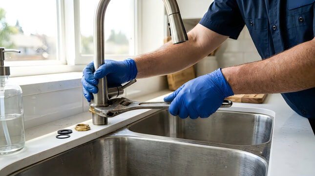 Professional plumber fixing a kitchen sink faucet with a wrench in a home