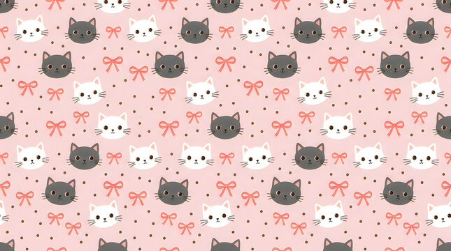 Seamless pattern with cute pixel art cats and small bows on a light pink background