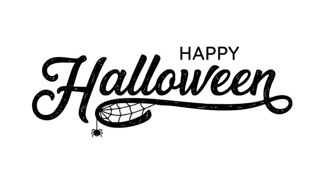 Happy Halloween calligraphy text. Hand drawn spooky holiday lettering with spider web.