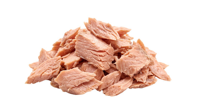 Heap of canned tuna chunks isolated on transparent background showcasing shredded fish meat pieces for seafood recipes culinary photography and healthy protein source