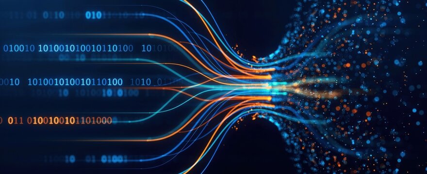 Abstract digital data stream with binary code transforming into colorful light particles on dark background.