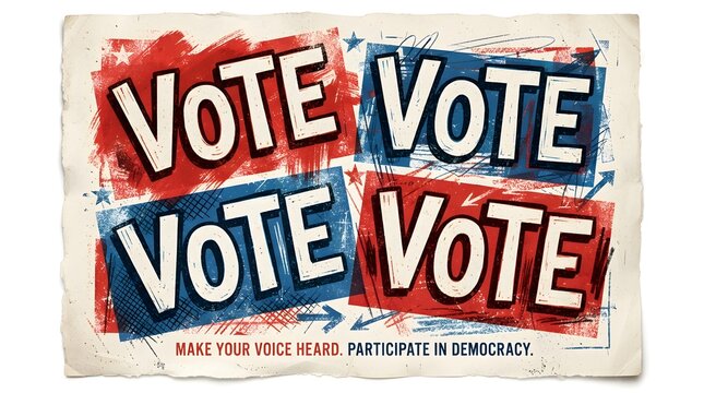 Vote poster with red and blue blocks and handdrawn style text
