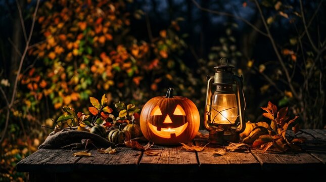 Glowing jack o lantern pumpkin and vintage oil lamp on a rustic wooden table at night