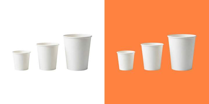 Three white paper coffee cups of different sizes arranged in a row with a clean modern look for your cafe beverage branding