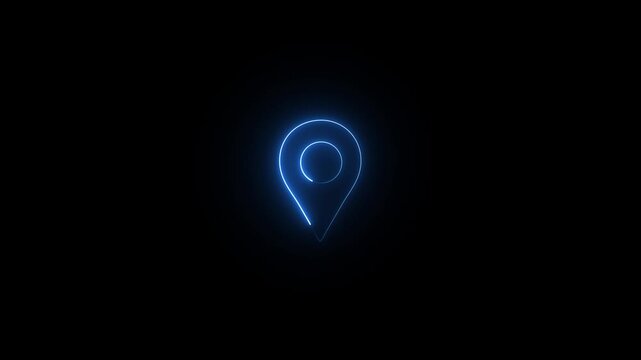 Abstract location glowing neon icon fast tracking map pin icon animation on black background.