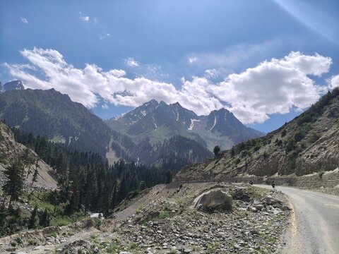 Beautiful summer landscape of Naltar Valley in Gilgit Baltistan. Famous tourist destination near Hunza Valley with alpine forests and mountains.