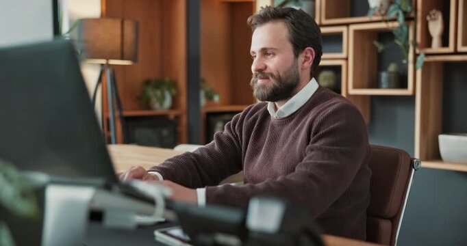 Smile, man and reading on computer in office for market timing, trade execution and profit alert. Research, trader and stocks review with tech for risk management, monitoring trends and economy news