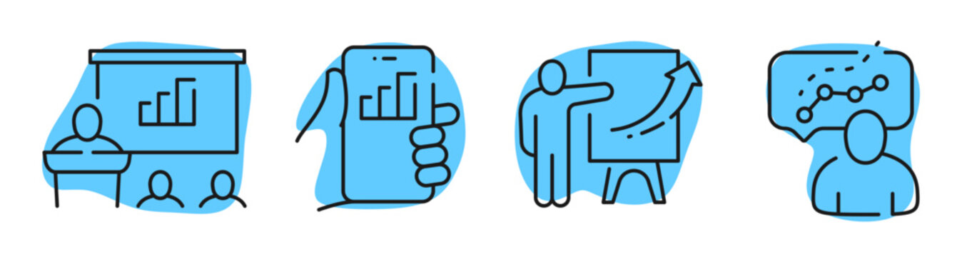 Business presenter displaying charts in meeting and mobile. Editable stroke