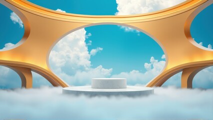 Fototapeta premium Abstract architecture, golden frame surrounds clouds. White pedestal floats above mist. Bright blue sky visible through openings. Minimalist design.