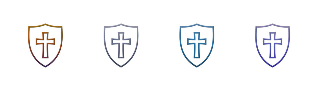 Shield with Cross Icon Set Gradient Outline Style for Religious Design
