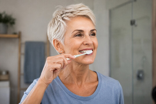 Femme senior se brossant les dents dans une salle de bain, hygi&egrave;ne bucco-dentaire, pr&eacute;vention et vieillissement actif