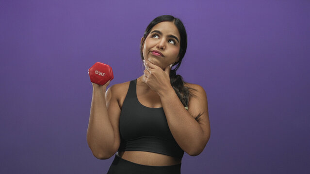 Sporty woman holding red 3kg dumbbell and touching chin while looking upward in studio; thoughtful fitness focus.