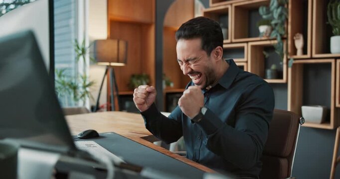 Excited, man and fist pump with computer in office for IPO launch, trade success and good news. Happy, trader and celebration at tech for stock market increase, investment profit and financial growth