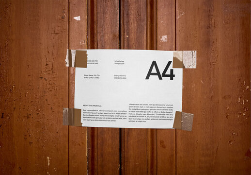 Mockup Of Customizable A4 Poster Taped To Wall