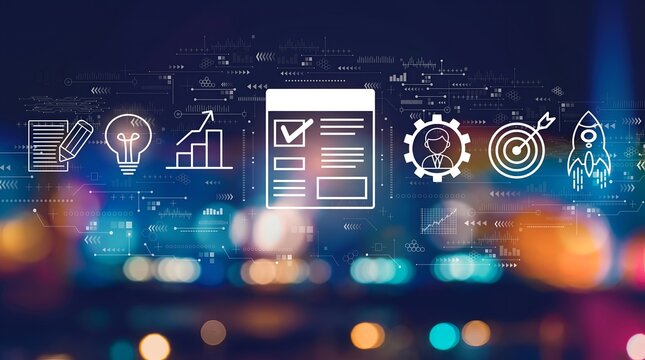 Strategic business planning and startup launch phases represented by glowing digital icons over blurred corporate city night background