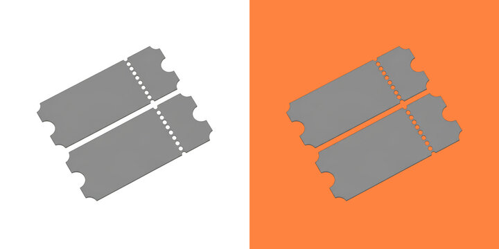 Two grey paper tickets for cinema or concert events shown as a simple flat icon design on white and orange background colors