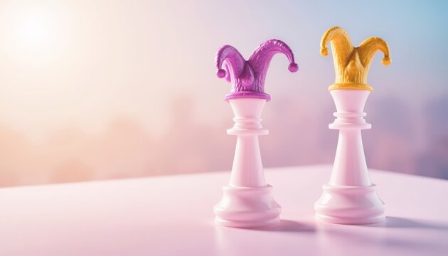 Chess pieces with jester hats on white background for Mardi Gras  