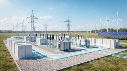 Obraz premium Renewable energy substation with solar panels, wind turbines, and electrical transformers, power distribution network, clean energy generation and grid infrastructure.