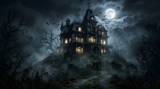 Gothic manor looms over a foggy graveyard landscape during a dark and stormy moonlit night.