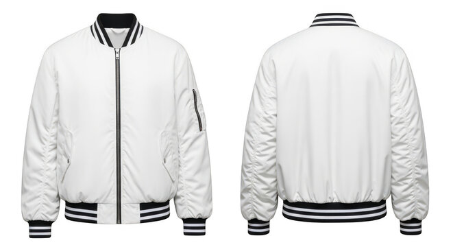 White bomber jacket front and back view. Blank varsity coat template for apparel design.