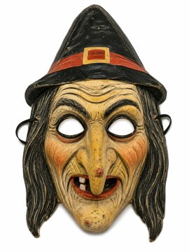 Halloween witch mask with exaggerated features for costume party. Scary old crone face decoration for festive celebrations and spooky events.