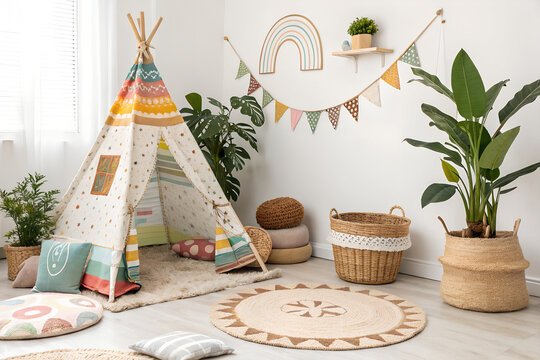 Decorative canvas teepee tent placed inside cozy nursery room featuring boho style decor with green indoor plants round jute rugs and pastel colored bunting banners
