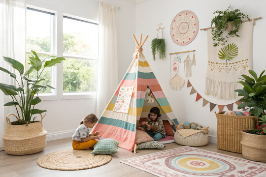 Two joyful young children playing together inside a colorful striped fabric teepee tent situated in a bright sunny playroom filled with various decorative indoor plants