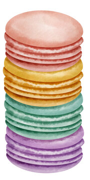 Colorful macaron stack with pink, yellow, green, and purple layers, sweet dessert with soft texture and vibrant tones