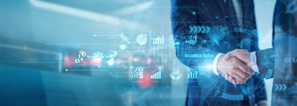 Strategic marketing partners shaking hands for Increase Sales initiatives. Dynamic revenue growth tactics and effective customer acquisition plans maximize profit margins for enterprises.