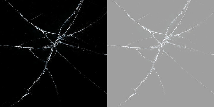 Shattered glass texture with radial cracks overlay. Broken window pane impact lines isolated on transparent background