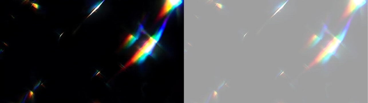 Vibrant rainbow prism light streak overlay. Crystal lens flare refraction effect on transparent background