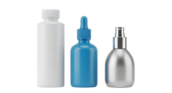Three different cosmetic bottles with dropper spray and cap isolated on a clean white background isolated on white background