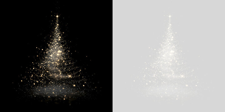 Glowing gold glitter Christmas tree element on black and transparent background. Shimmering particle fir tree silhouette for festive holiday poster